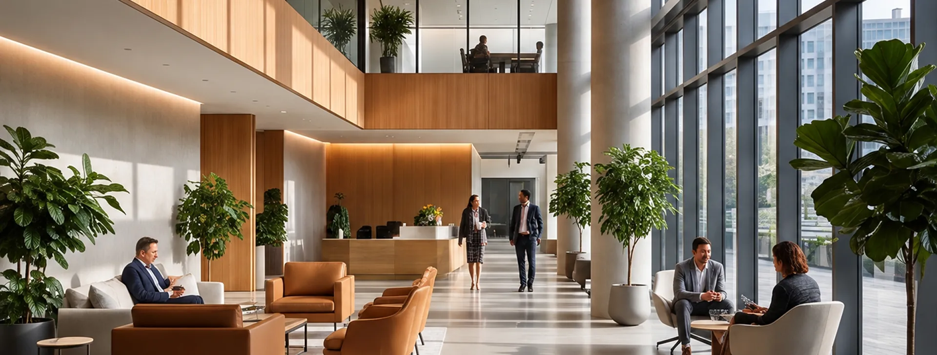 Modern office lobby with wood paneling, lounge seating, and indoor plants