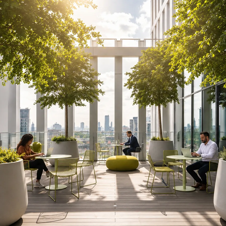 Colleagues working on laptops at a rooftop terrace with city skyline views